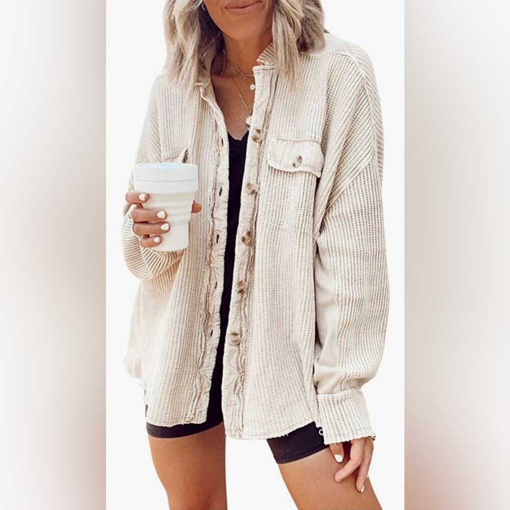 Chouyatou Loose Fit Batwing Sleeve Waffle Knit Button Down Shirt Shacket XXL